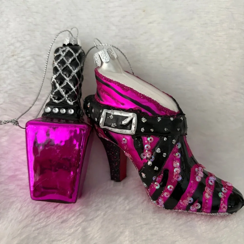 Fashion Shoe Ornament Lot 7pc Zebra‎ Brocade Glam Diva North Pole Glass Stiletto